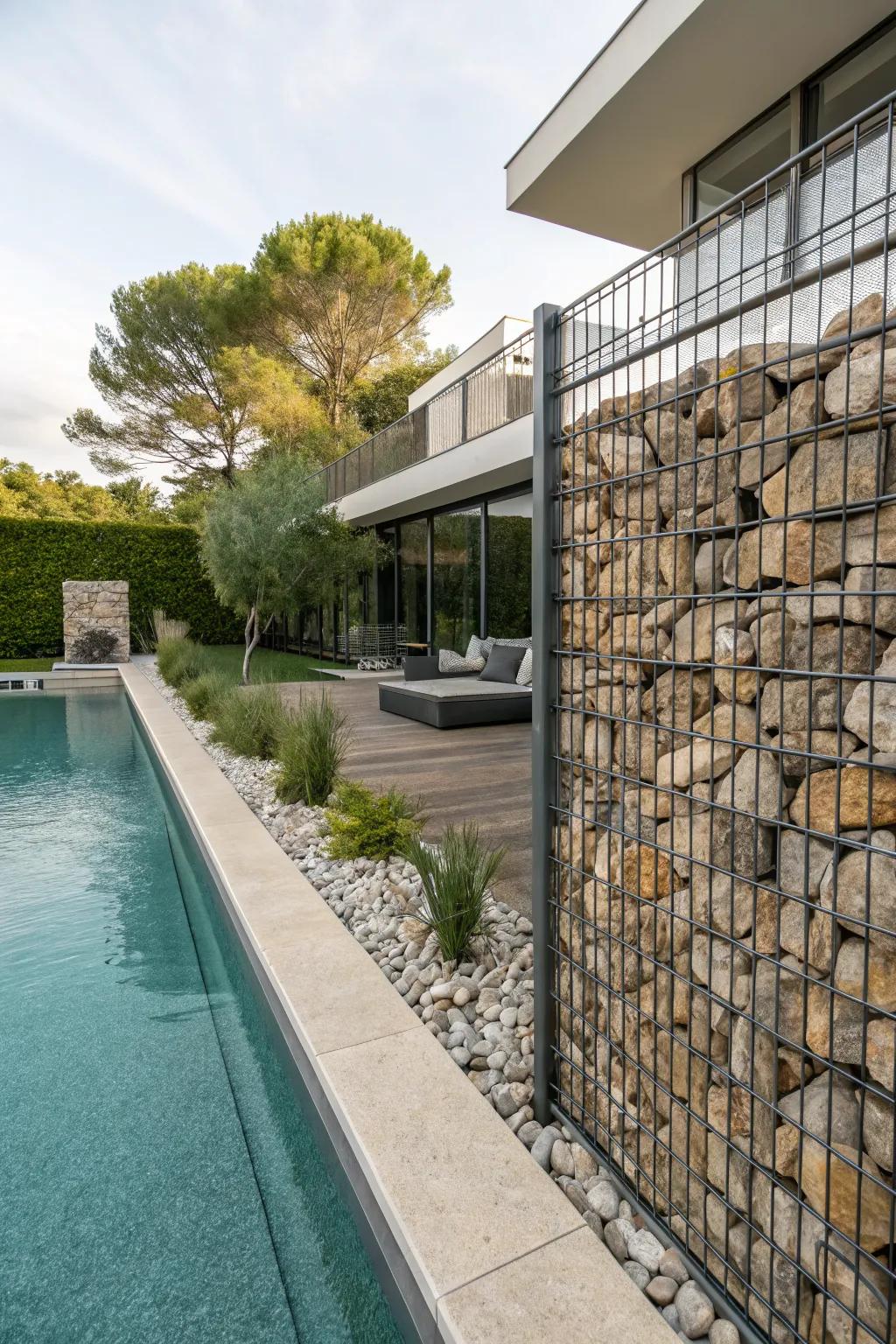Gabion walls offer a unique and sturdy privacy barrier.