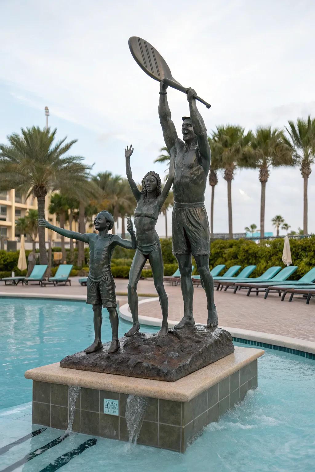 A personalized family statue celebrates cherished memories by the pool.