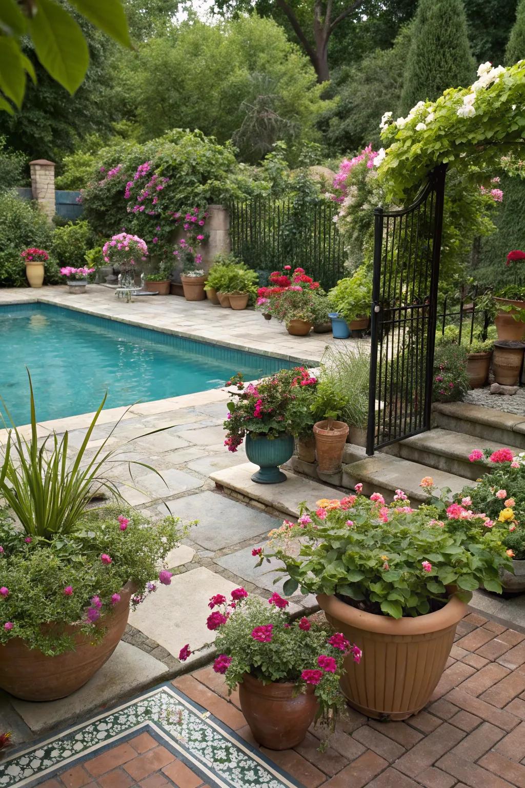Potted plants bring color and life to your pool area.