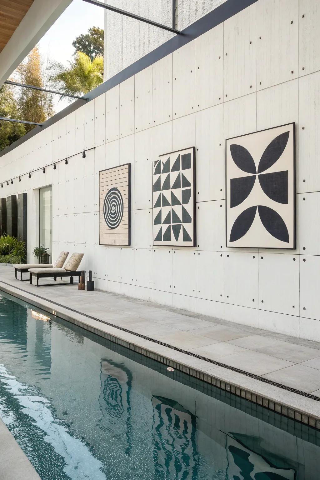 Minimalist abstract art adds a modern touch to pool walls.