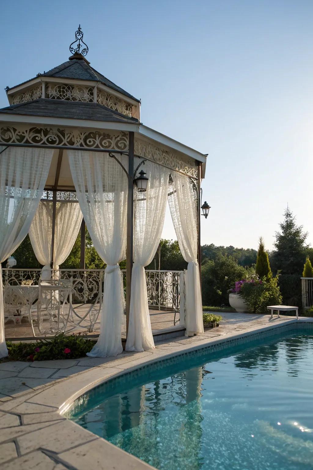 Poolside gazebos offer shade and elegance for your outdoor retreat.