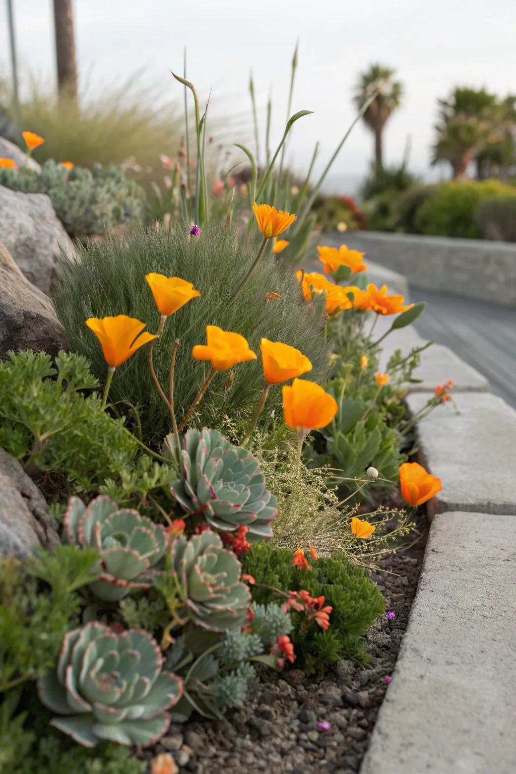 A drought-friendly garden featuring a mix of poppies and succulents.