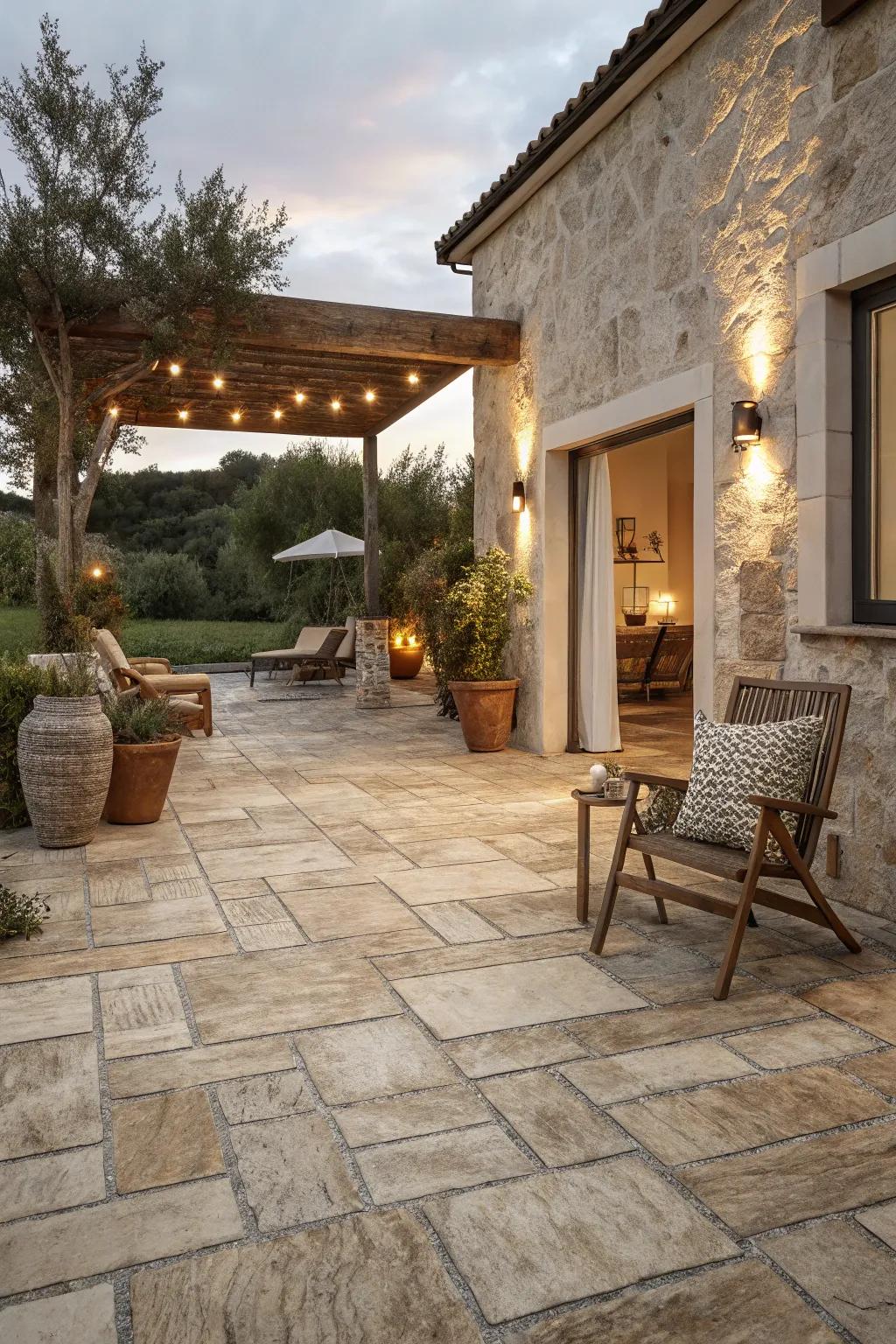Rustic charm with porcelain tiles mimicking natural stone.