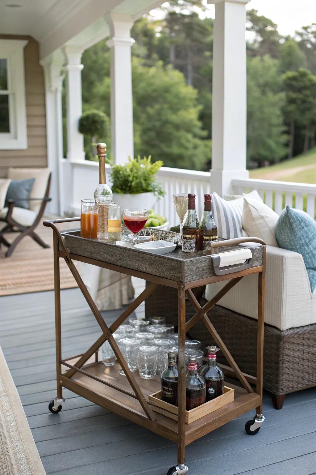 A portable bar cart offers flexibility and style for your porch.
