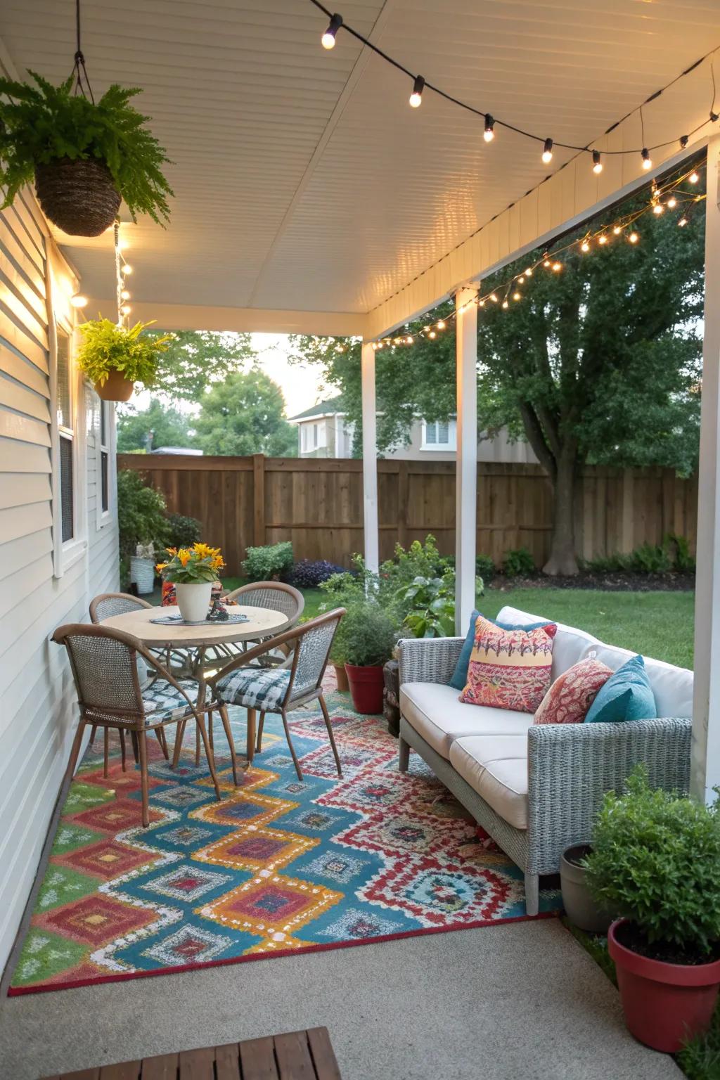 Define spaces with carpets to organize and beautify your porch.