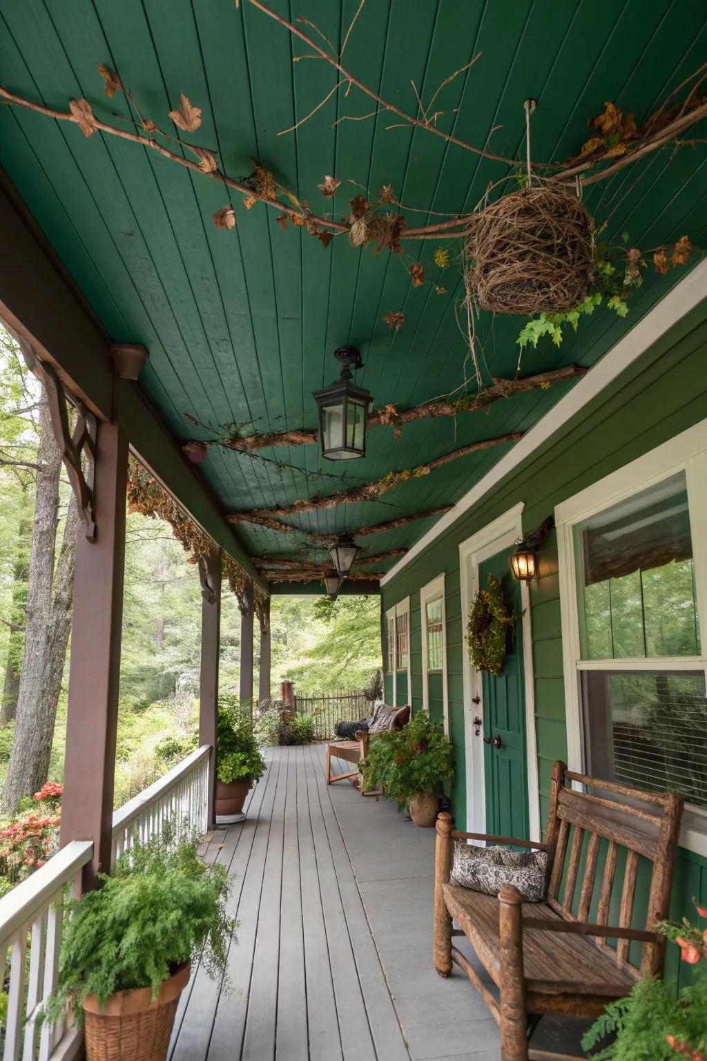 Deep forest green ceilings create a cozy, nature-inspired nook.