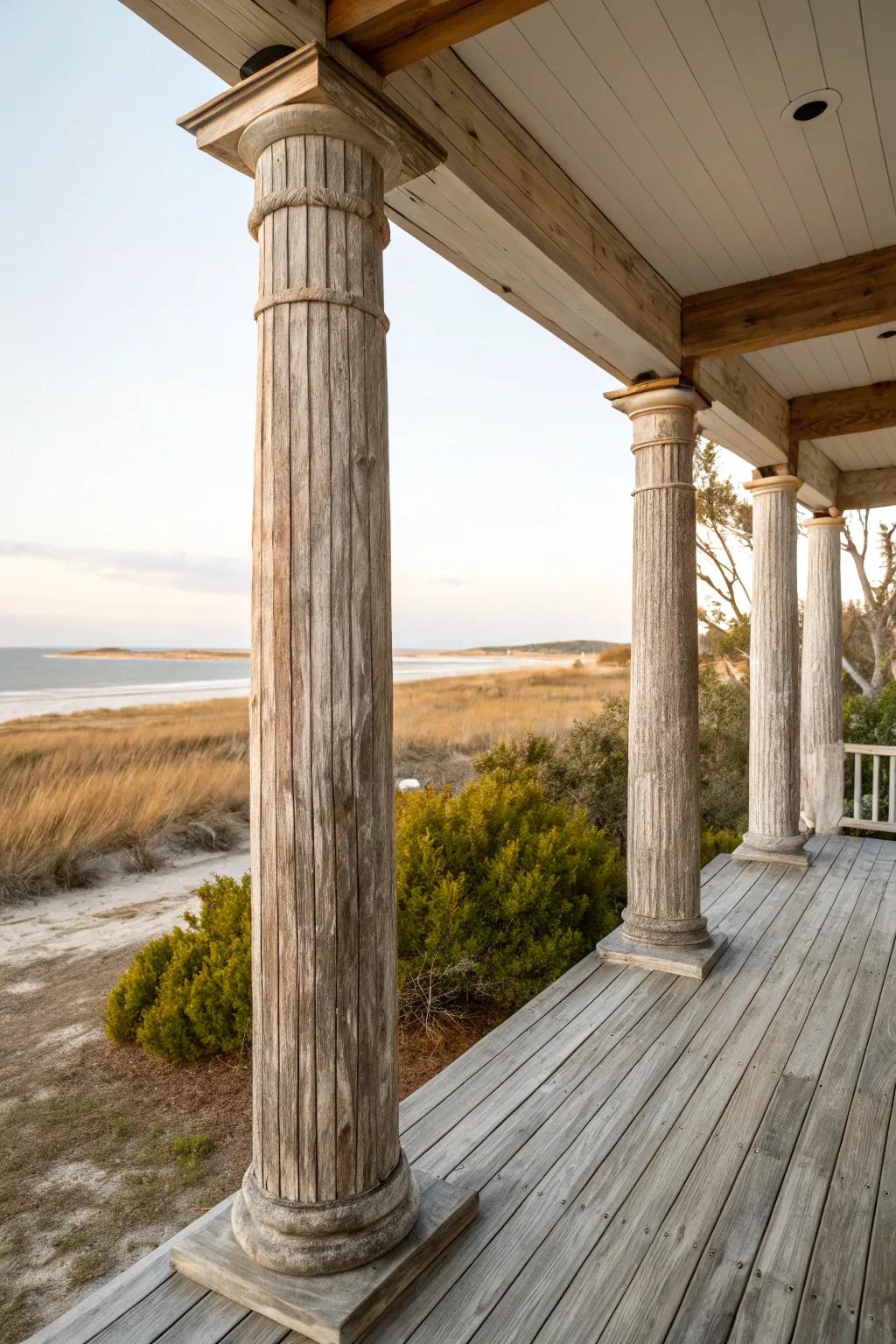 Weathered wood wraps bring a coastal vibe to porch columns.