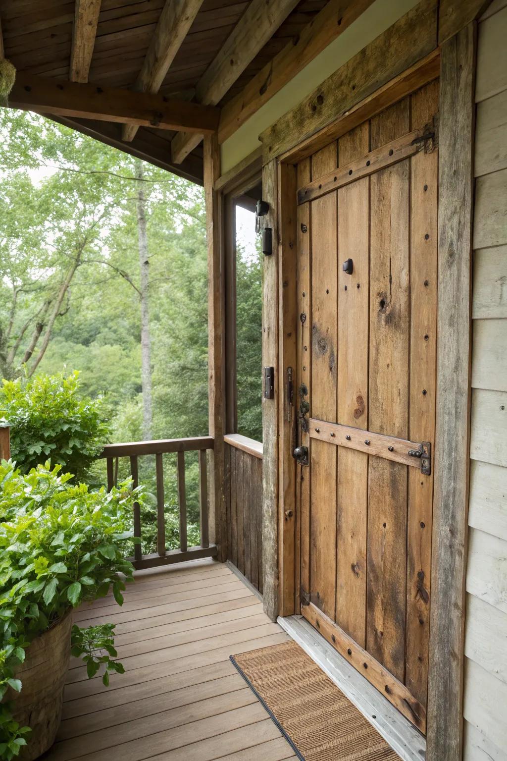 An eco-friendly porch door crafted from reclaimed wood.