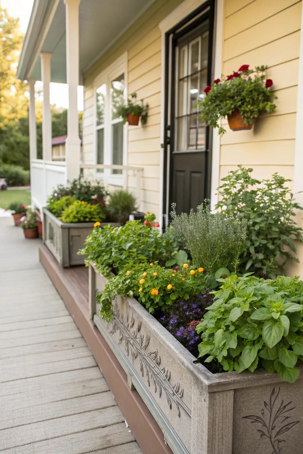 Herbs and flowers create a fragrant and useful display.