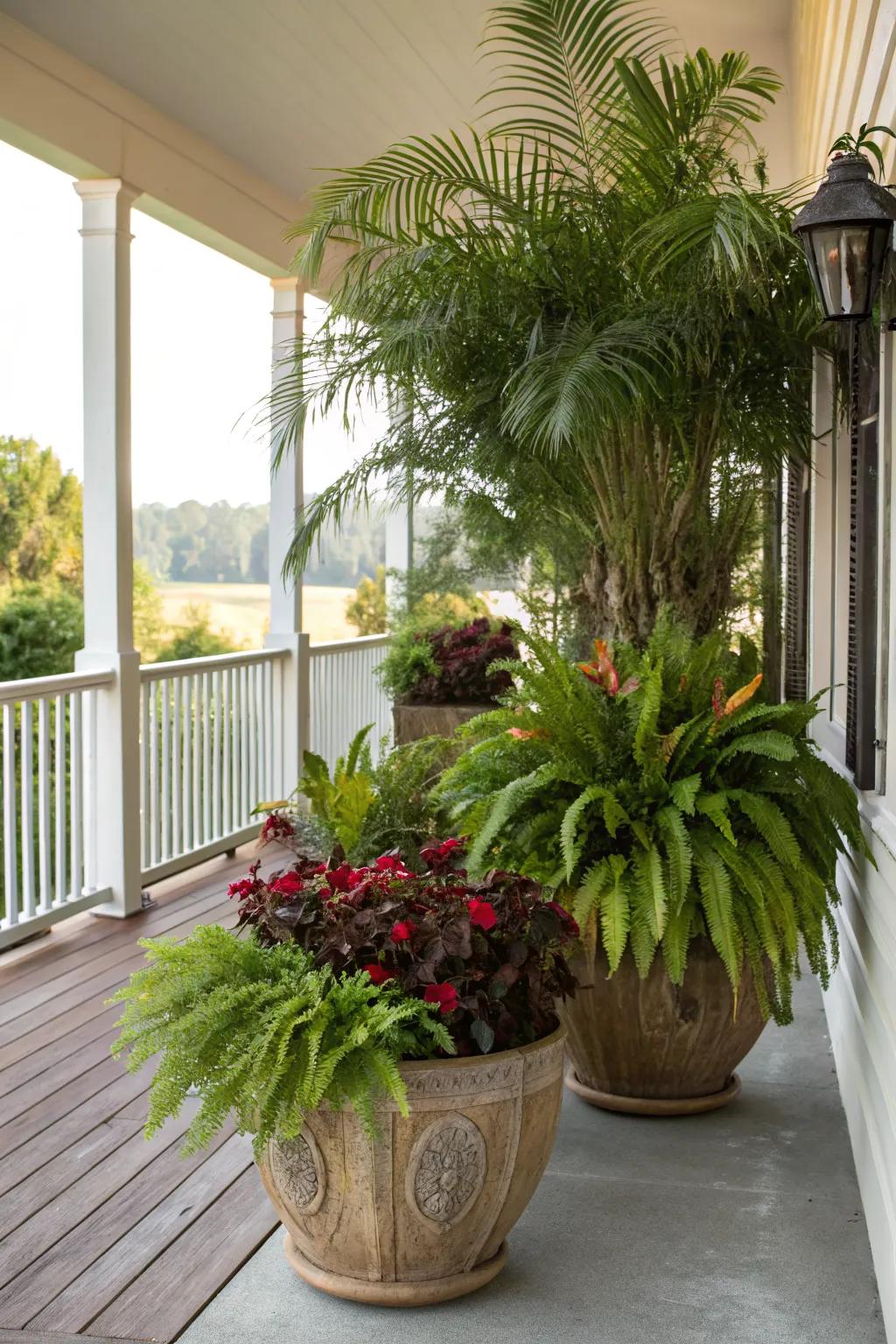 A tropical-themed porch with large pots filled with palms and ferns.