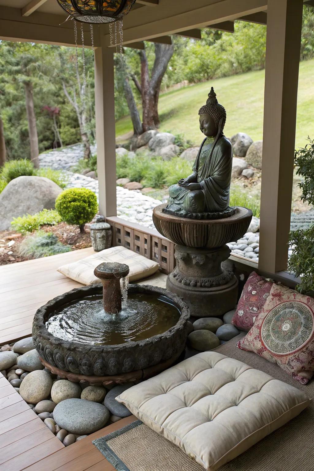 A Buddha fountain transforms your porch into a meditation haven.