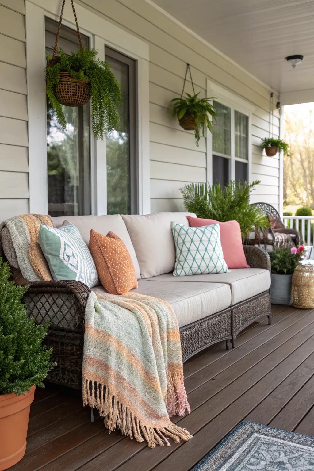 Layered textiles add depth and warmth to the porch seating.