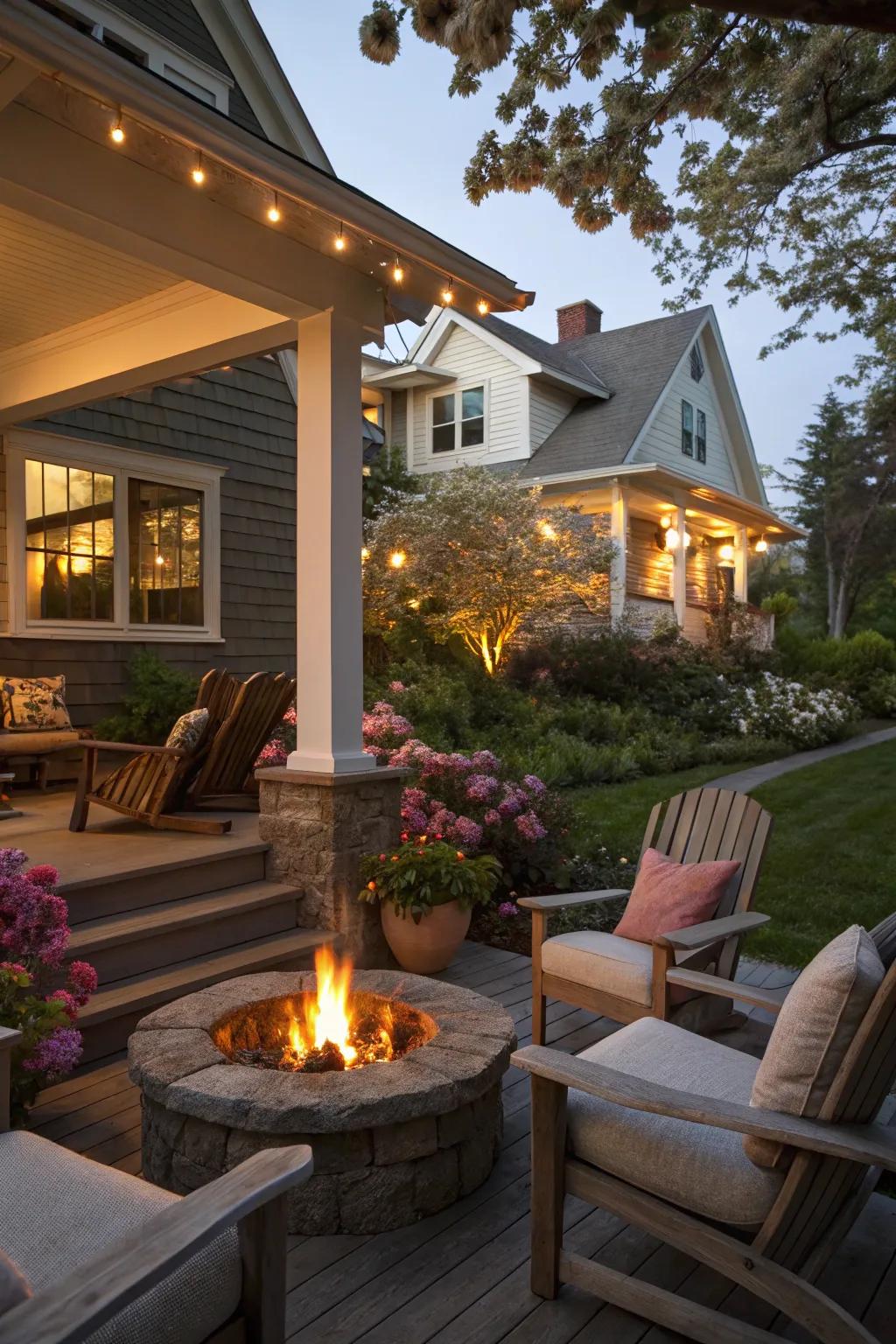 A fire pit adds warmth and serves as a focal point for gatherings.