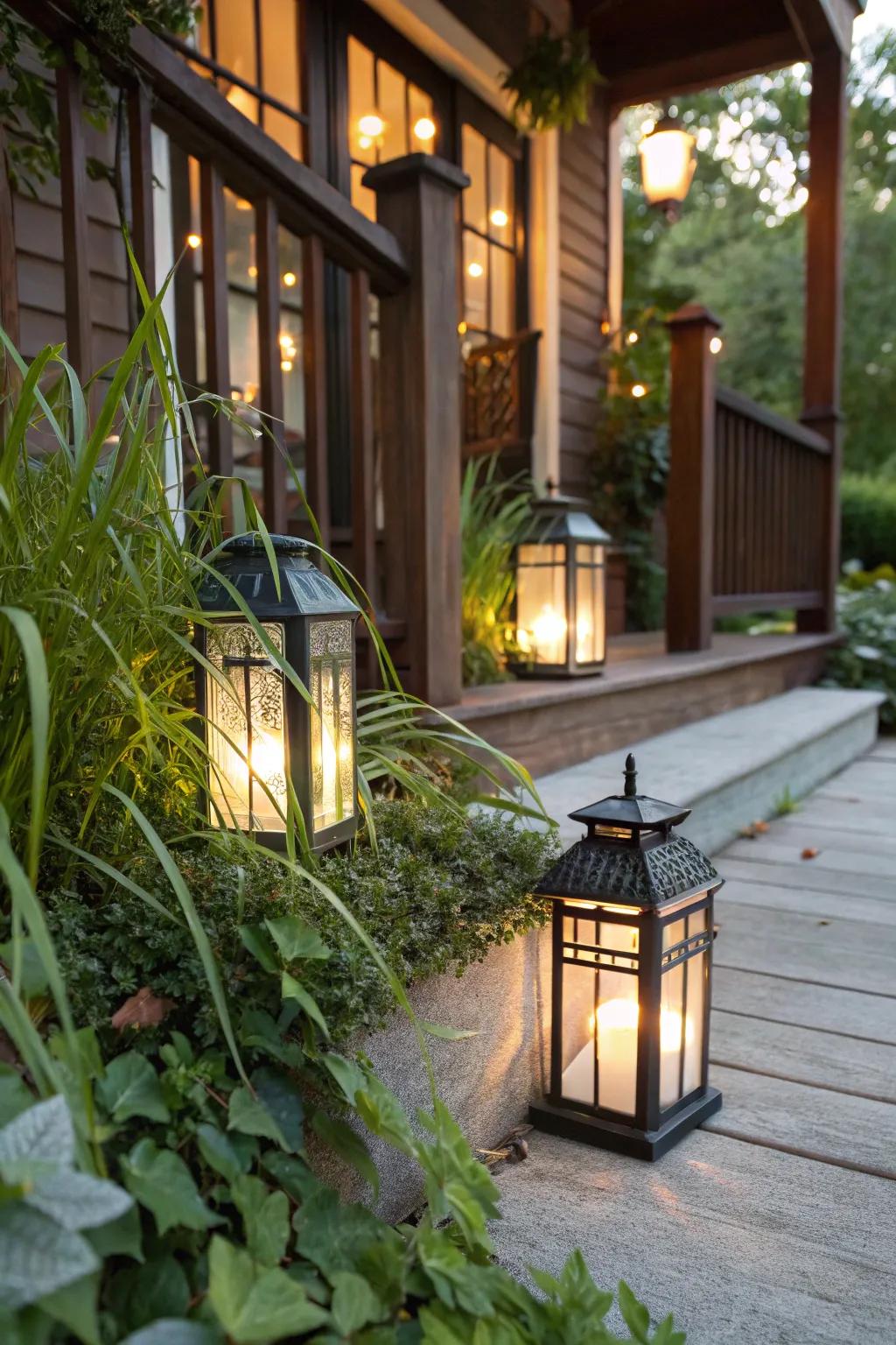 Immerse in nature with greenery and lanterns.