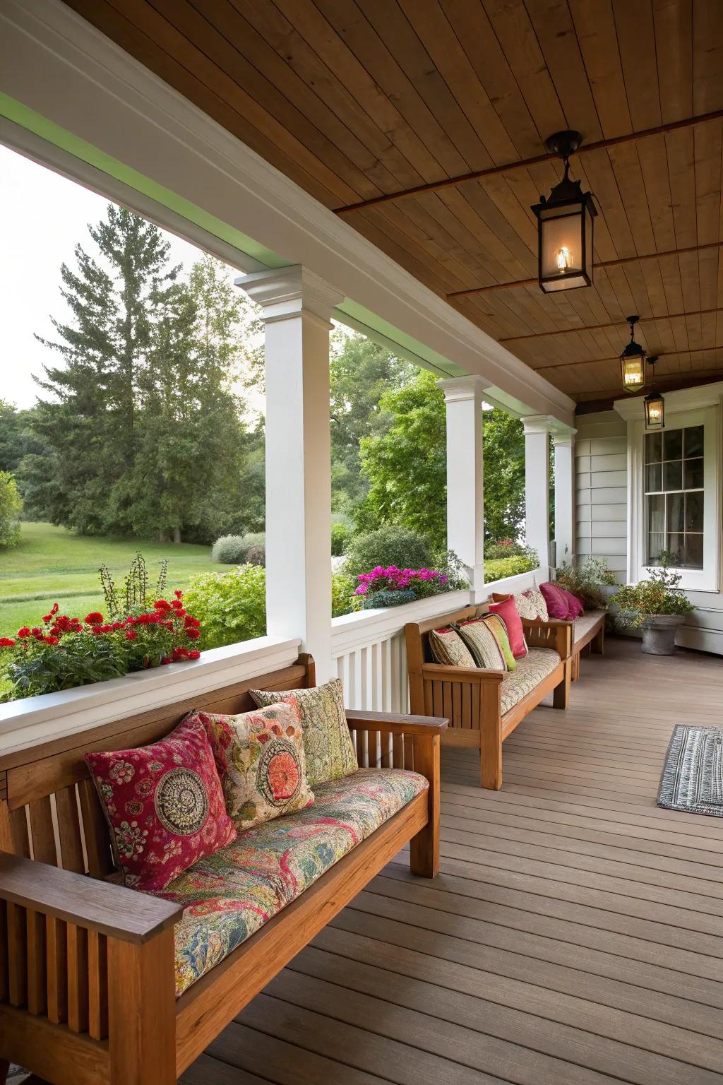 Built-in benches provide efficient use of space.
