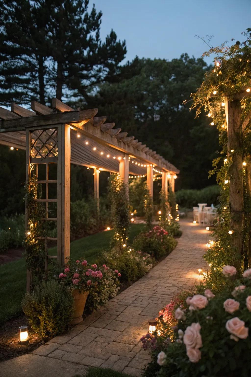 Create a dreamy atmosphere with romantic pergola lighting.