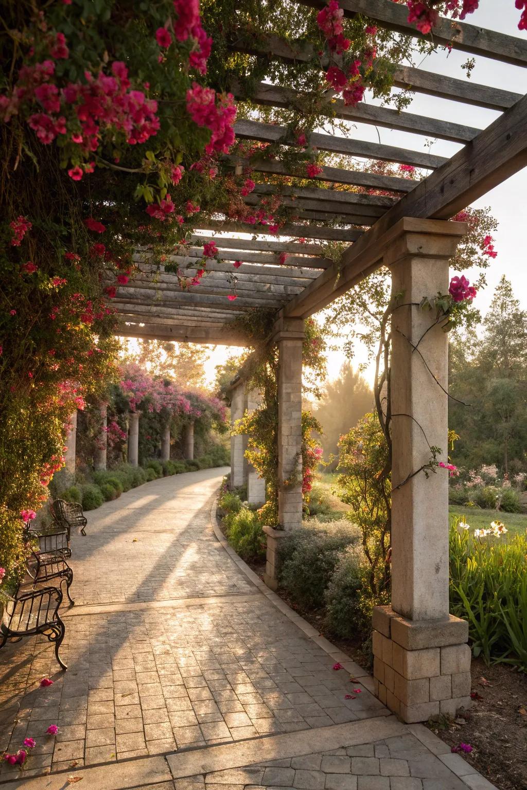 A portulaca-covered pergola provides shade and vibrant color.