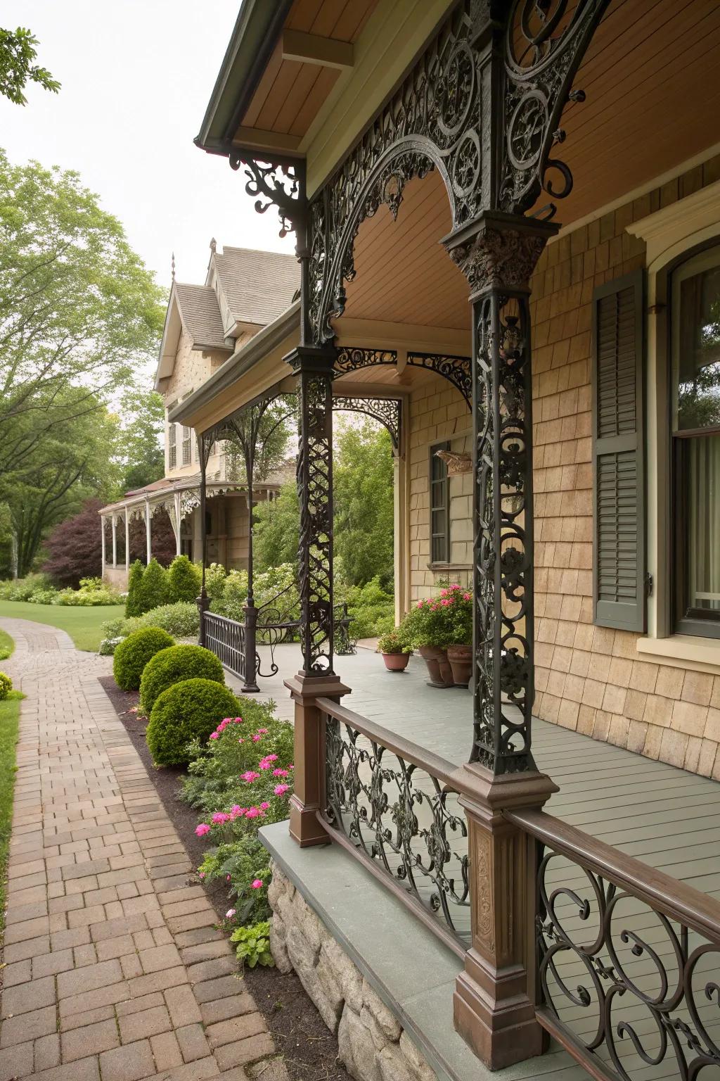 Wrought iron details bring vintage elegance to porch posts.
