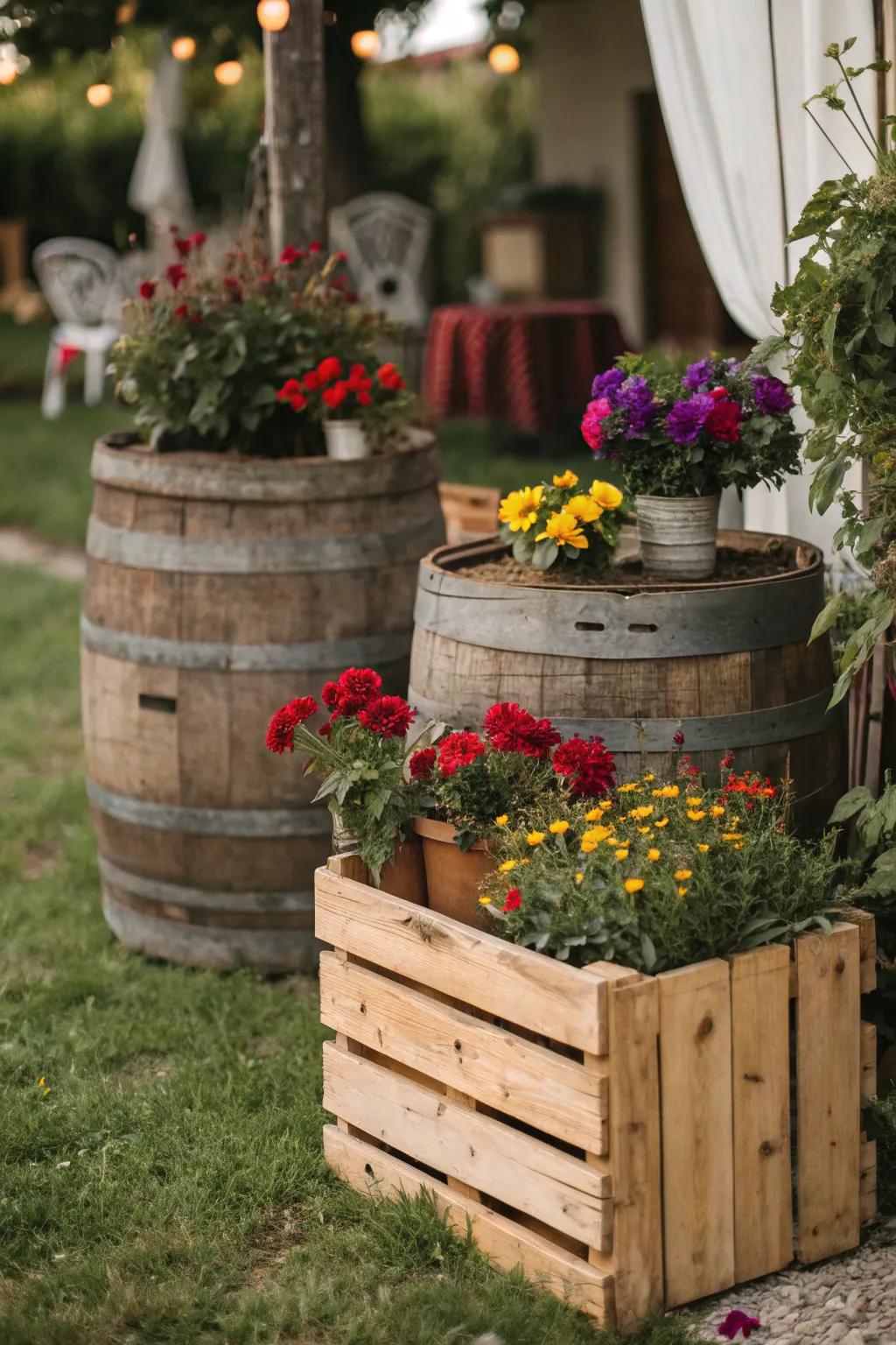 Rustic planters add charm to any setting.