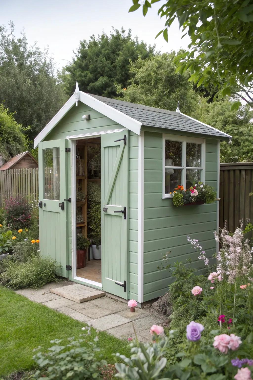 Potting shed painted in a soft, unique color.