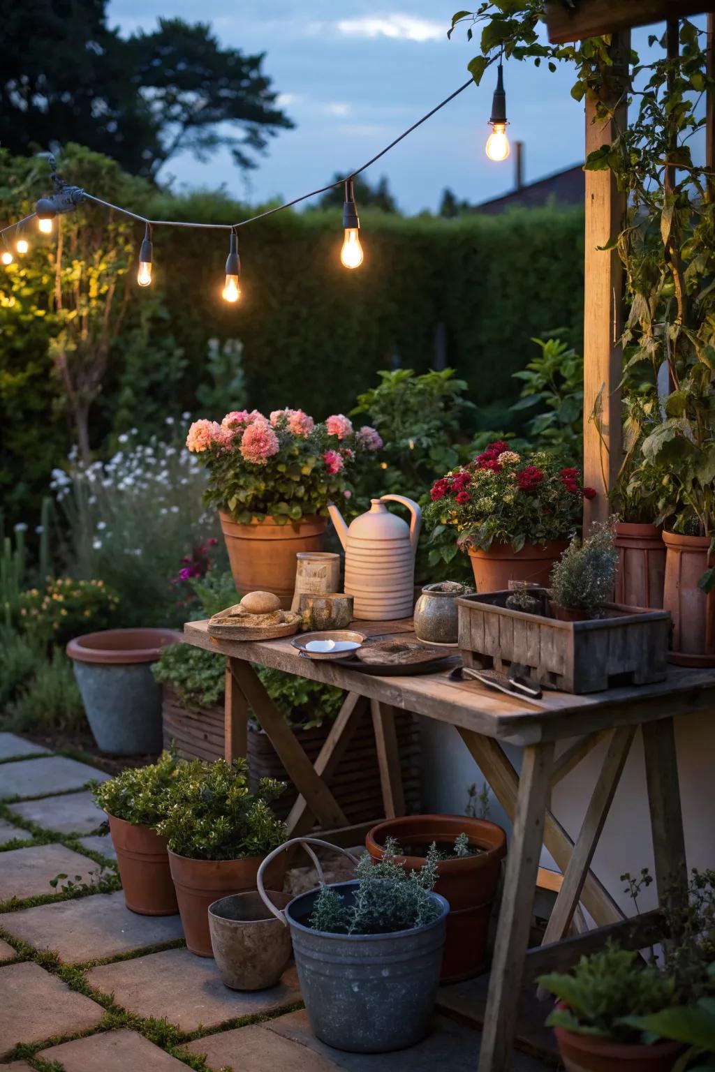 A well-lit potting station ready for evening gardening sessions.