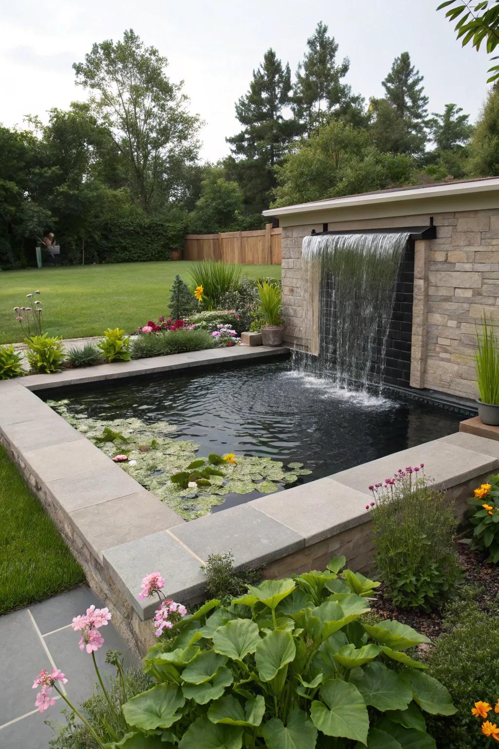A striking water wall adding elegance to a preformed pond.