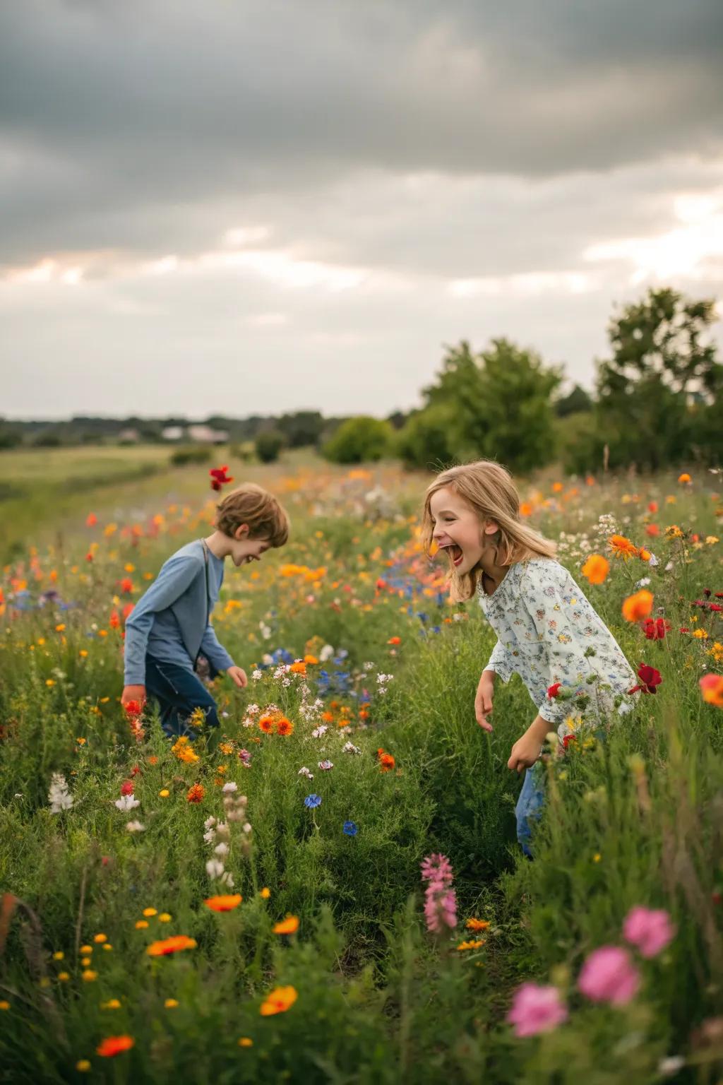 Preschoolers enjoying the vibrant colors and life in a wildflower meadow.