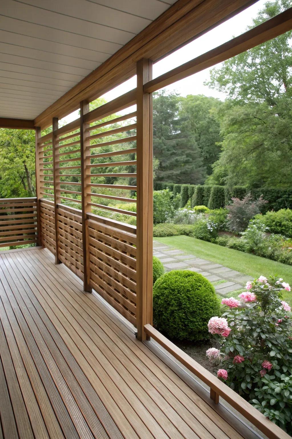 Enjoy privacy and style with integrated wooden screens.