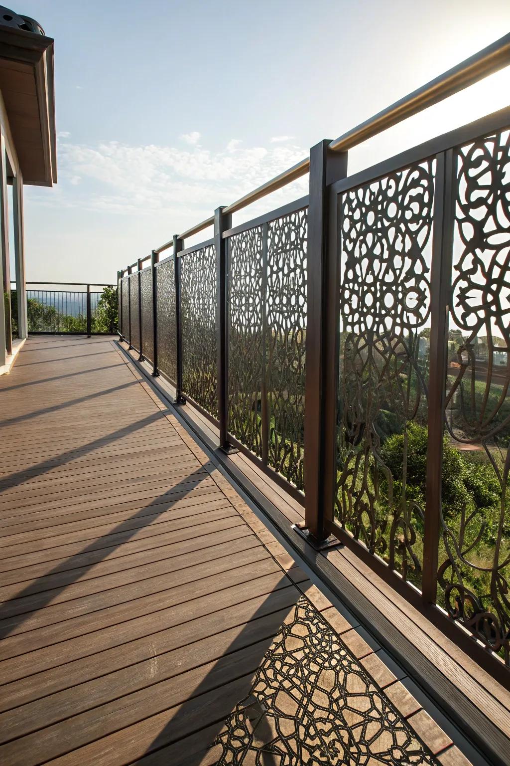 Decorative metal screens provide privacy with a modern touch.