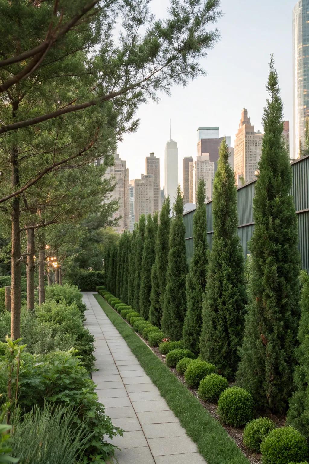 Narrow Spruce trees are ideal for compact spaces needing privacy.