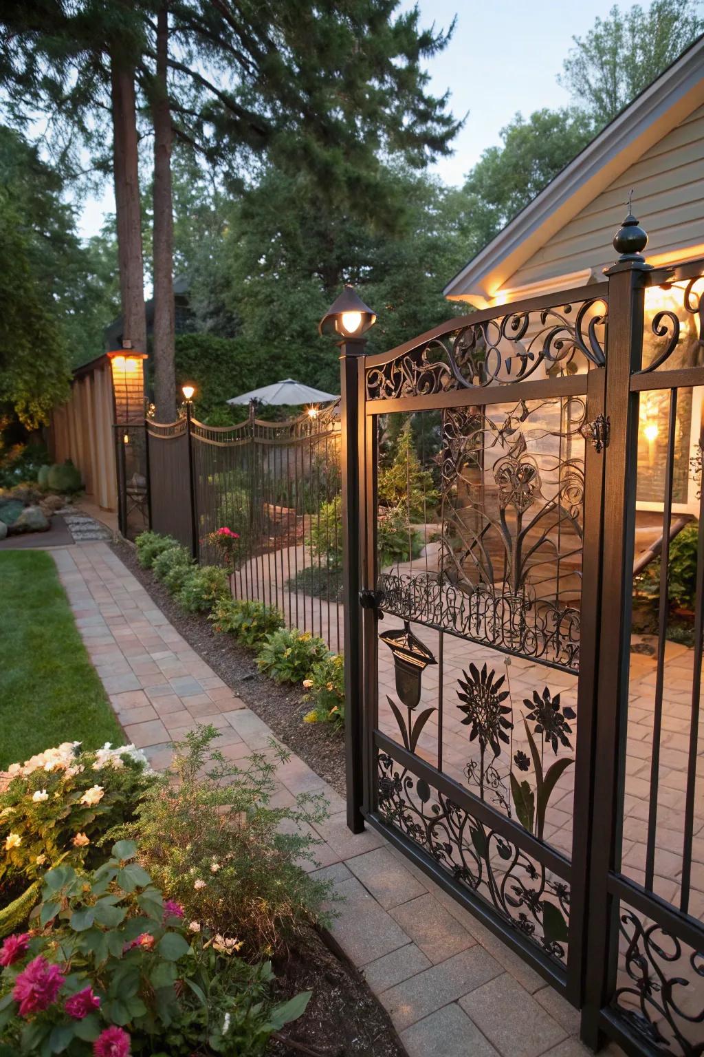 A personalized wrought iron fence adding unique charm to a garden.