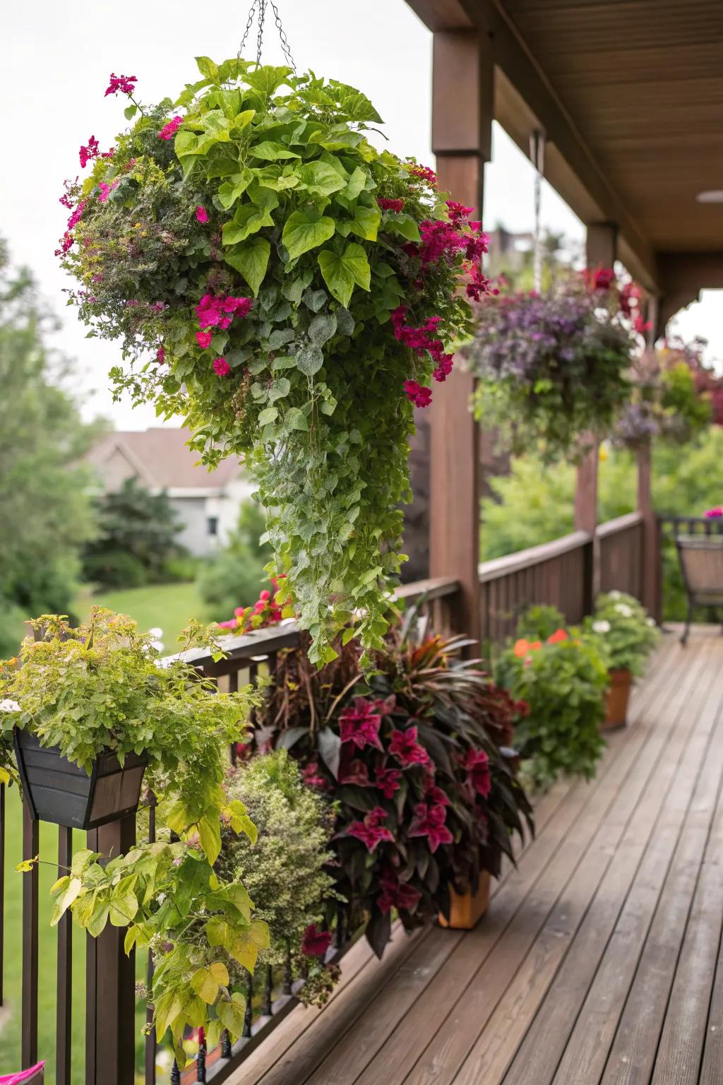 Hanging plants add privacy and a splash of nature.