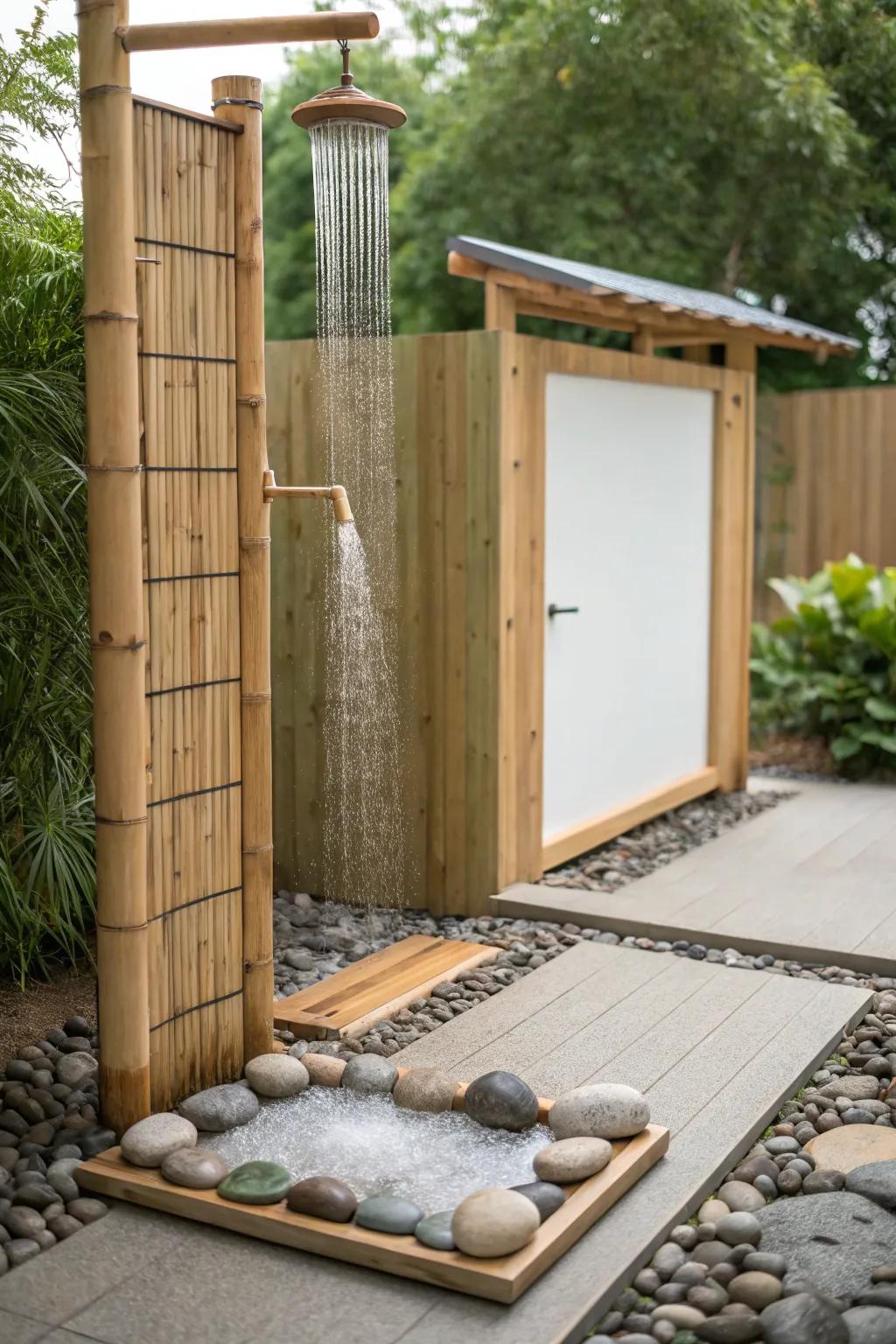 Zen retreat with bamboo and stones for a calming shower oasis.
