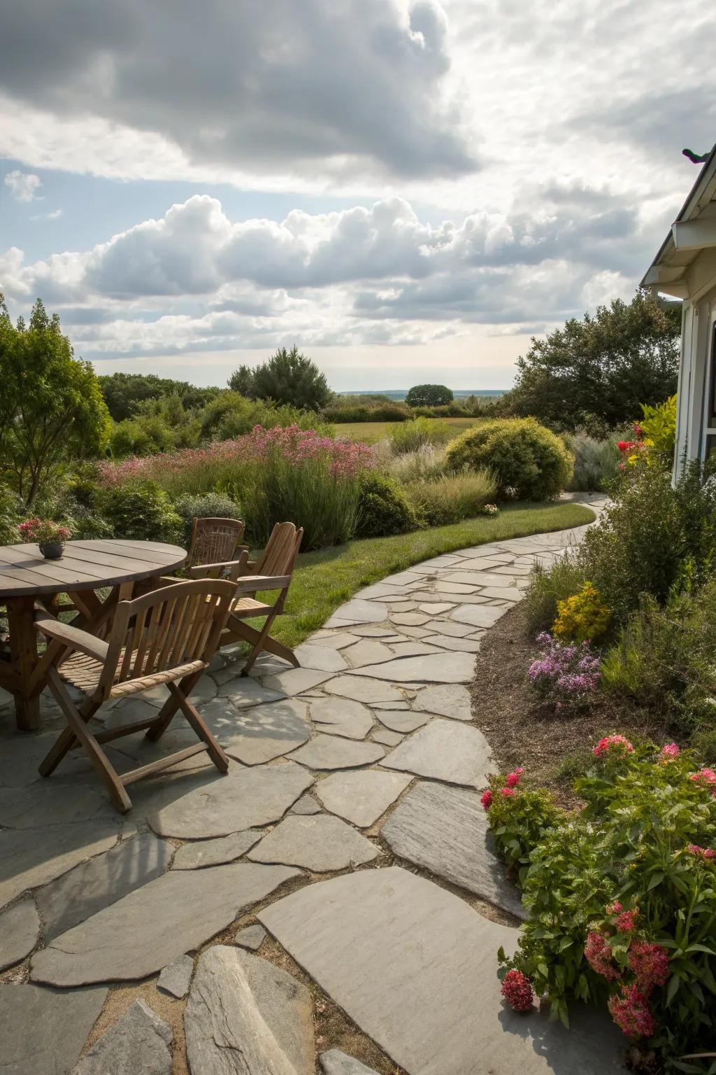 A stone pathway adds rustic charm and guides visitors.