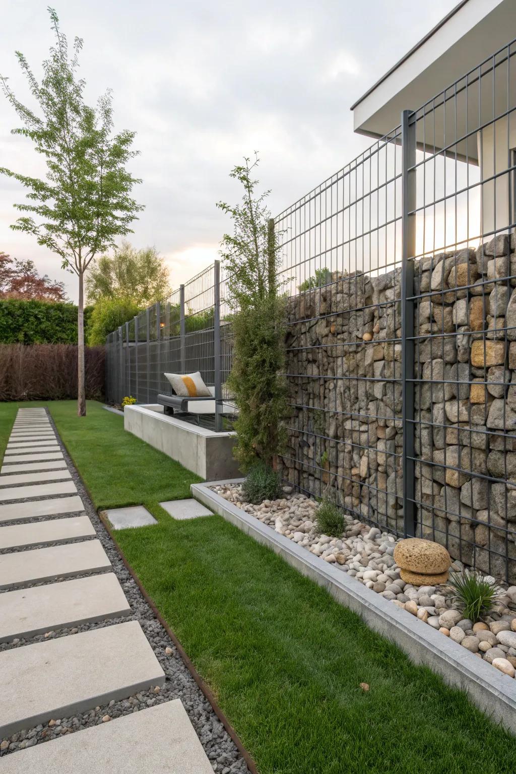Bold gabion wall providing a unique property boundary.