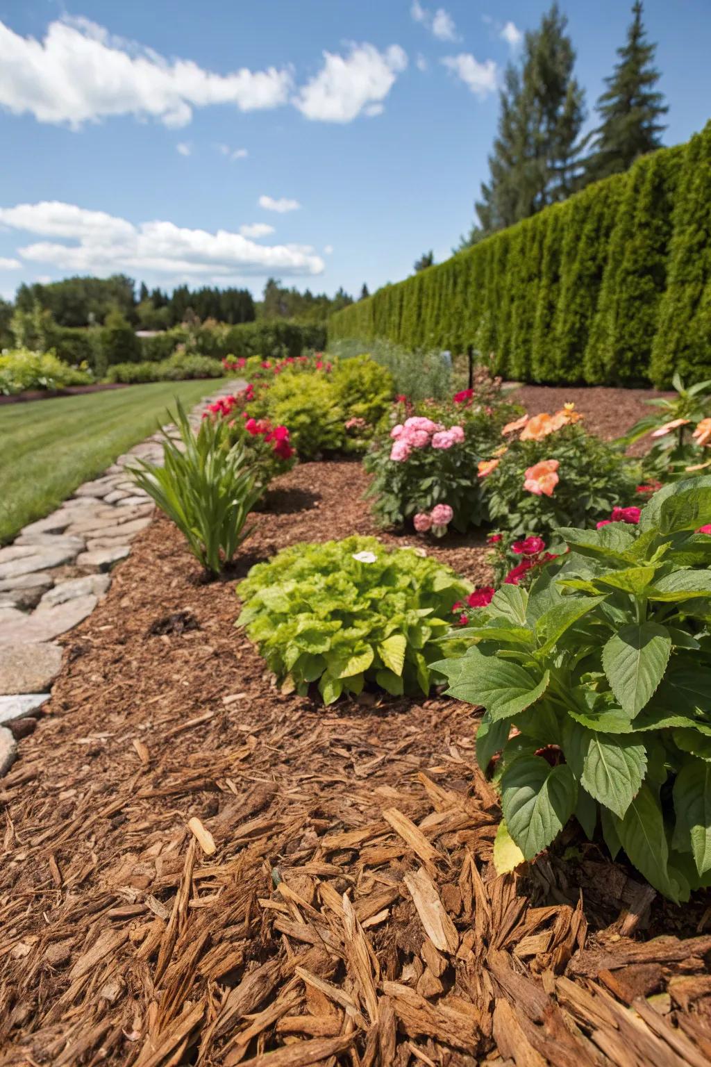Cedar mulch acting as a natural barrier and moisture conserver.