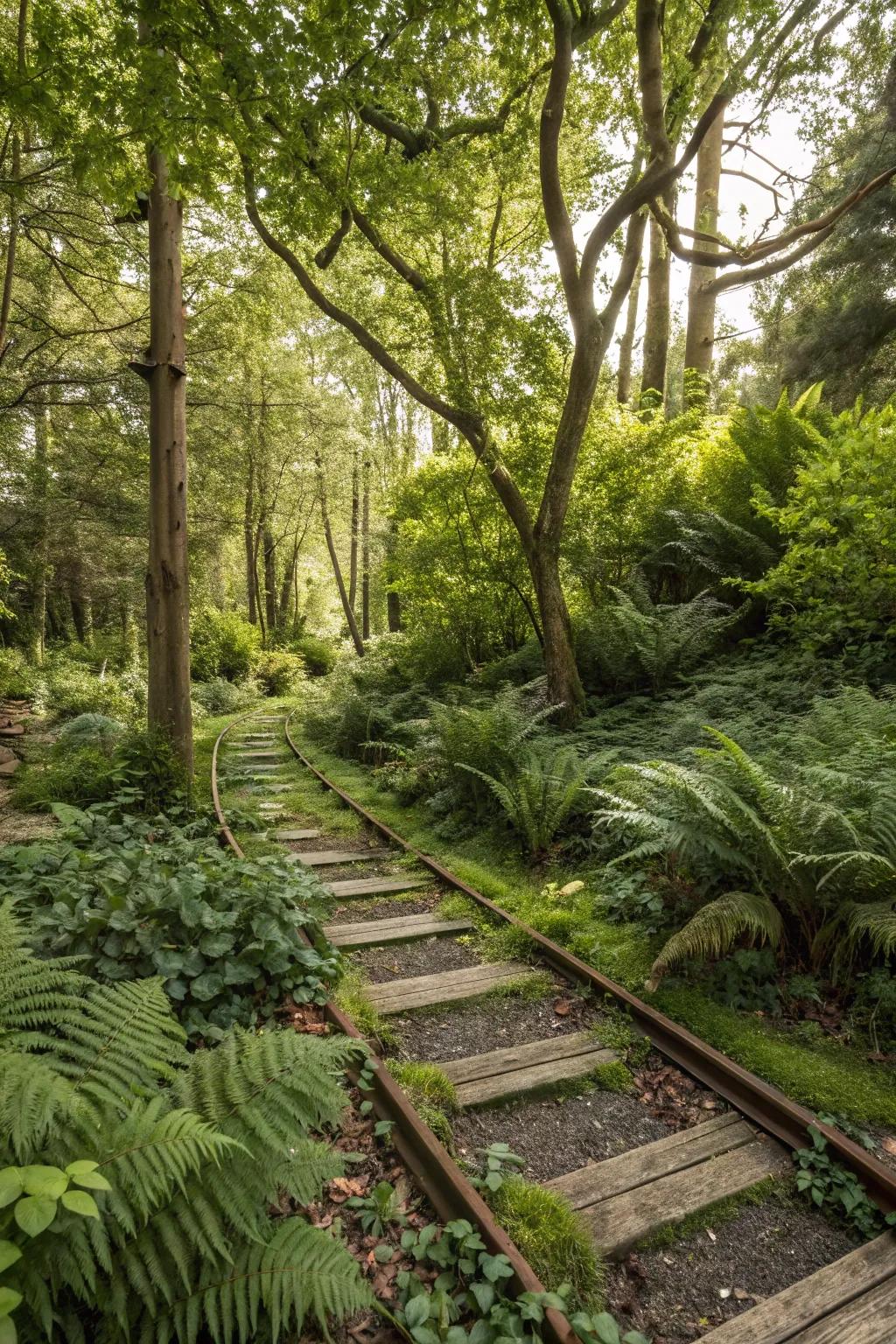 Woodland garden theme using railroad ties.