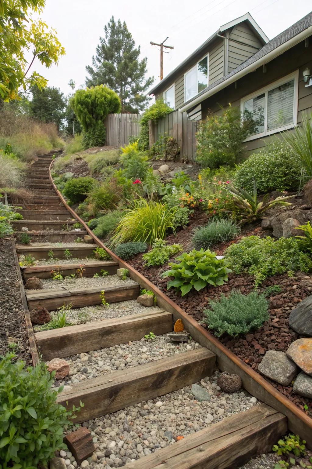 Keep slopes stable and stylish with railroad ties.