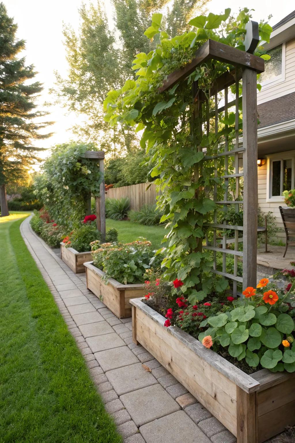 A trellis enhances vertical interest and plant support.