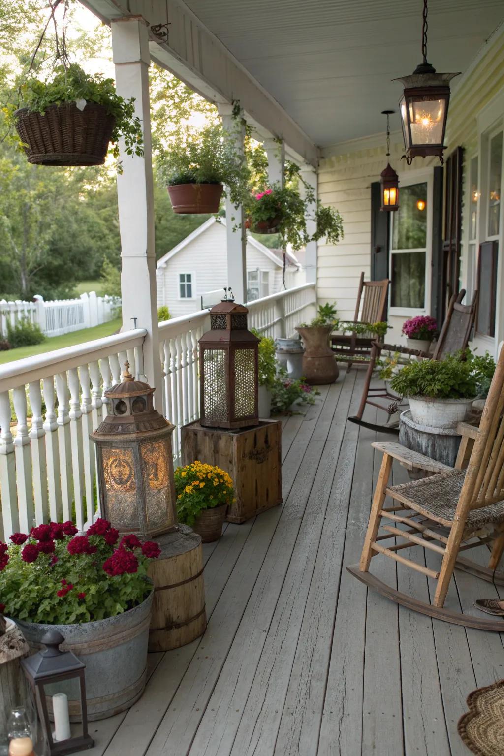 A raised porch showcasing unique vintage decor pieces for added charm.
