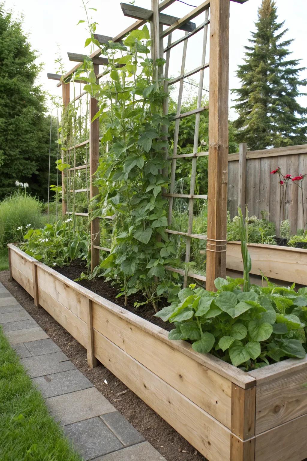 Trellises maximize vertical space and support climbing plants.