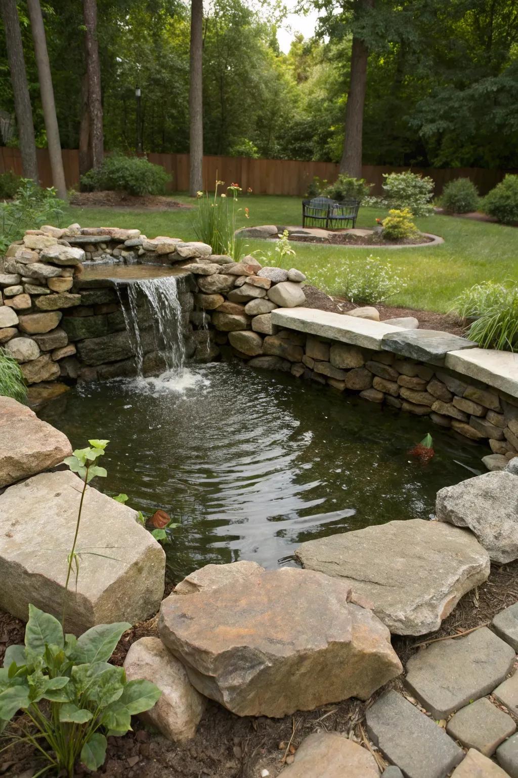 A rocky waterfall edge adds movement and tranquility to this raised pond.