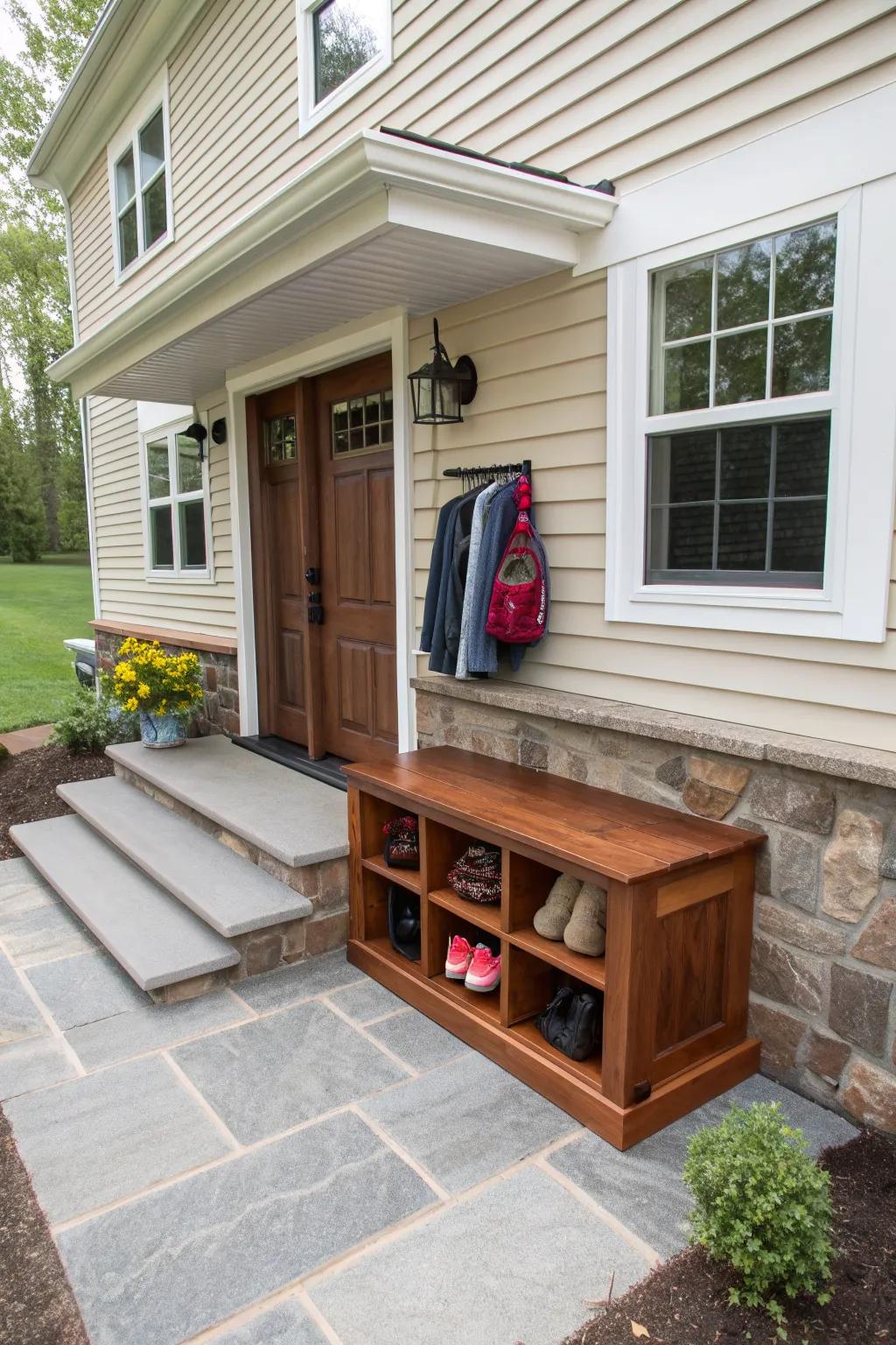 A practical raised ranch entrance with a functional bench.