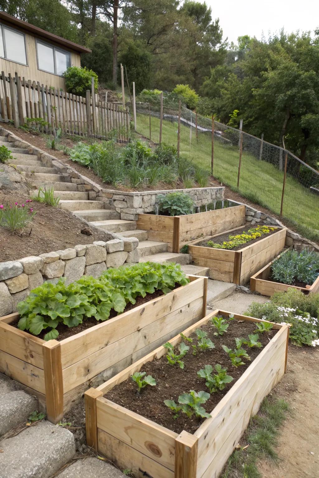 Raised garden beds on a slope providing structure and space for growth.