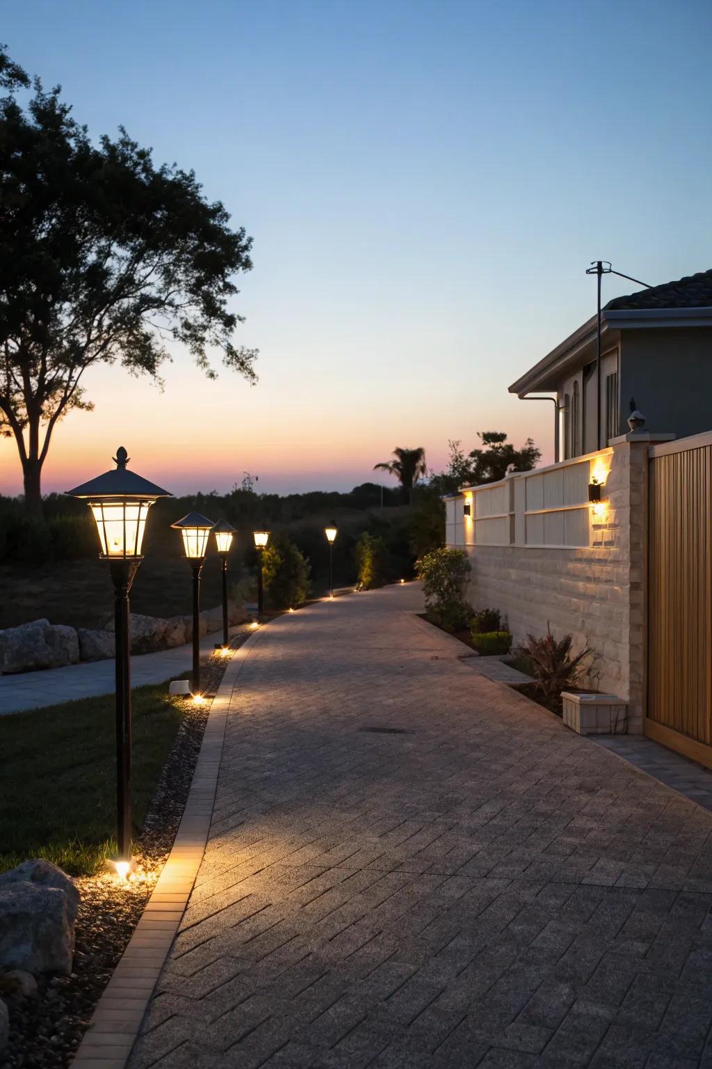 Solar-powered lights providing an enchanting glow along the driveway.