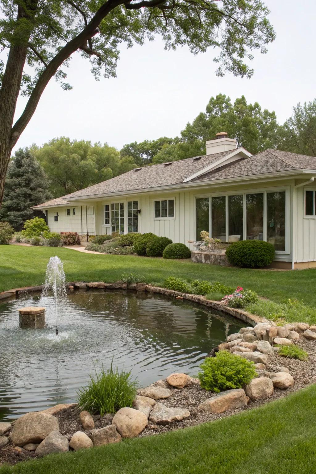 A water feature adds tranquility to this ranch home's garden.
