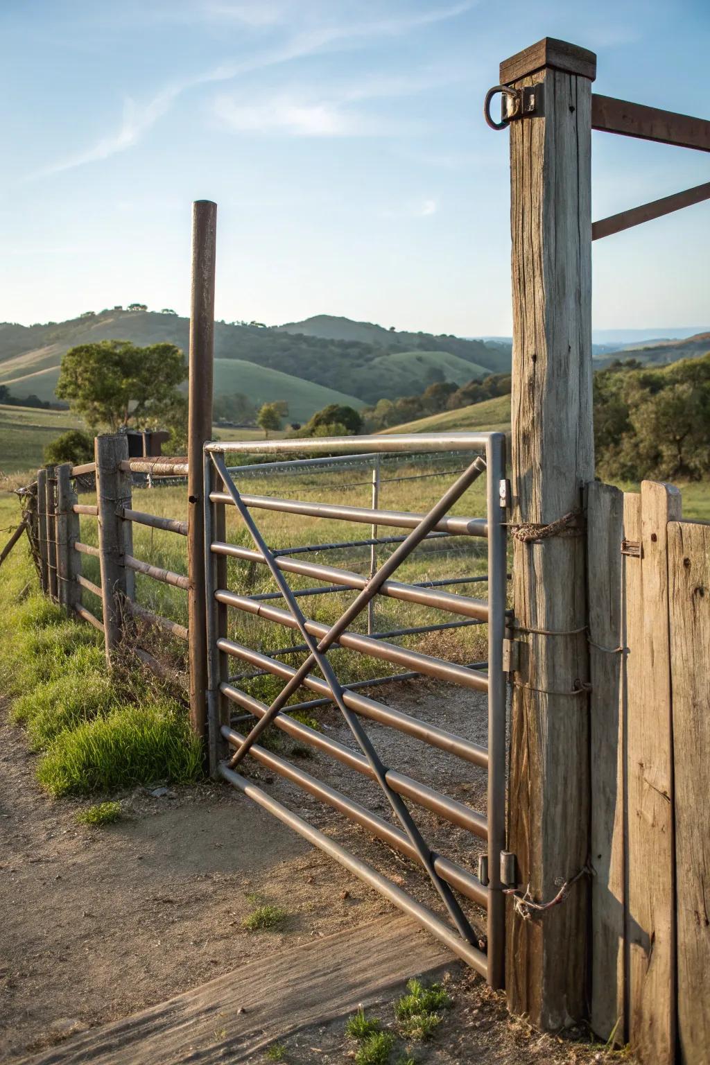A harmonious fusion of metal and wood creates a unique gate.