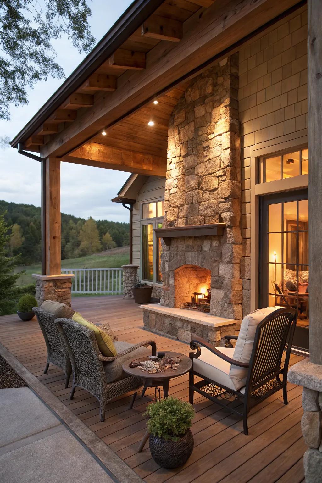 A stone fireplace on the porch offers warmth and a focal point for gatherings.