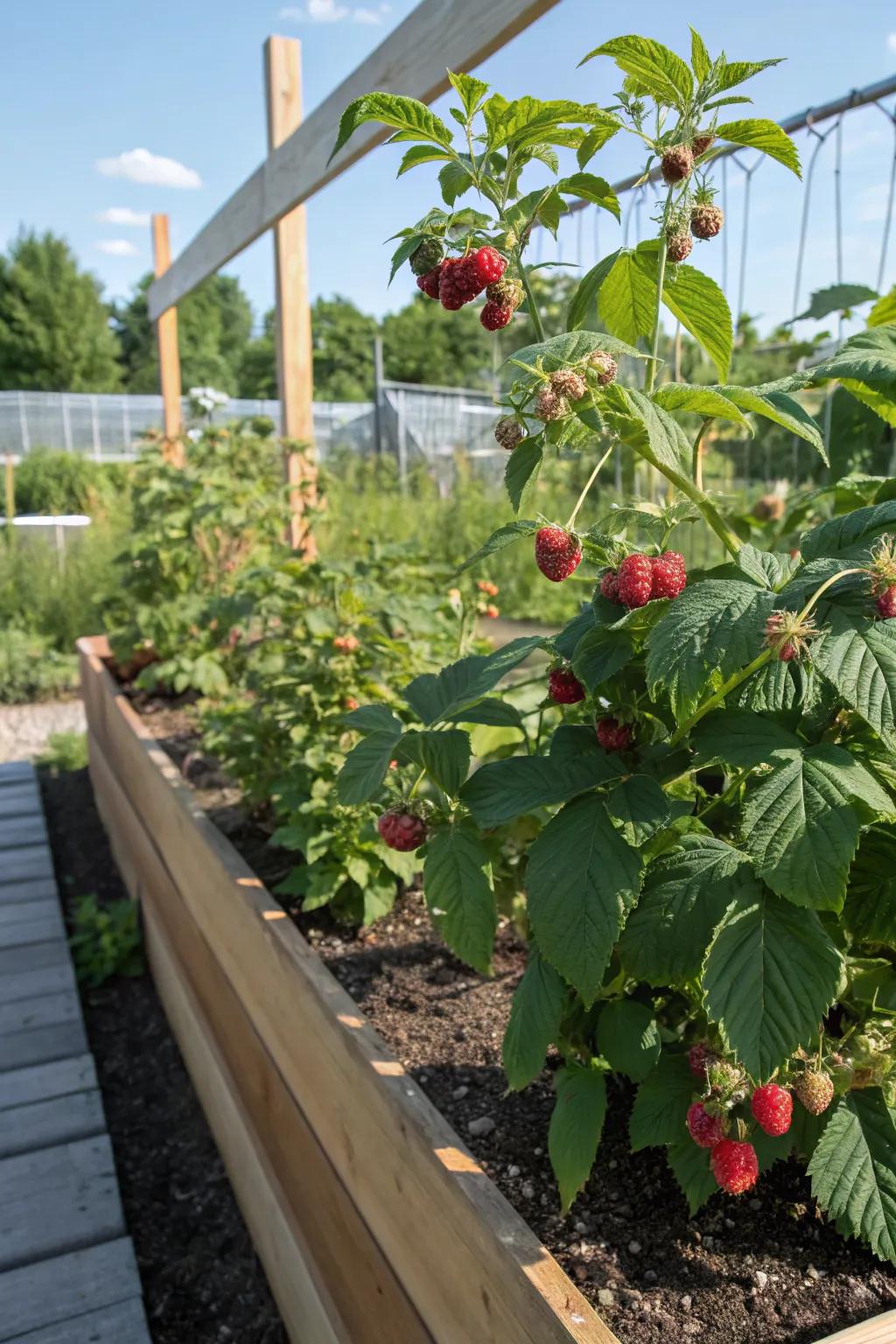 Raised beds provide better drainage and accessibility for raspberry plants.