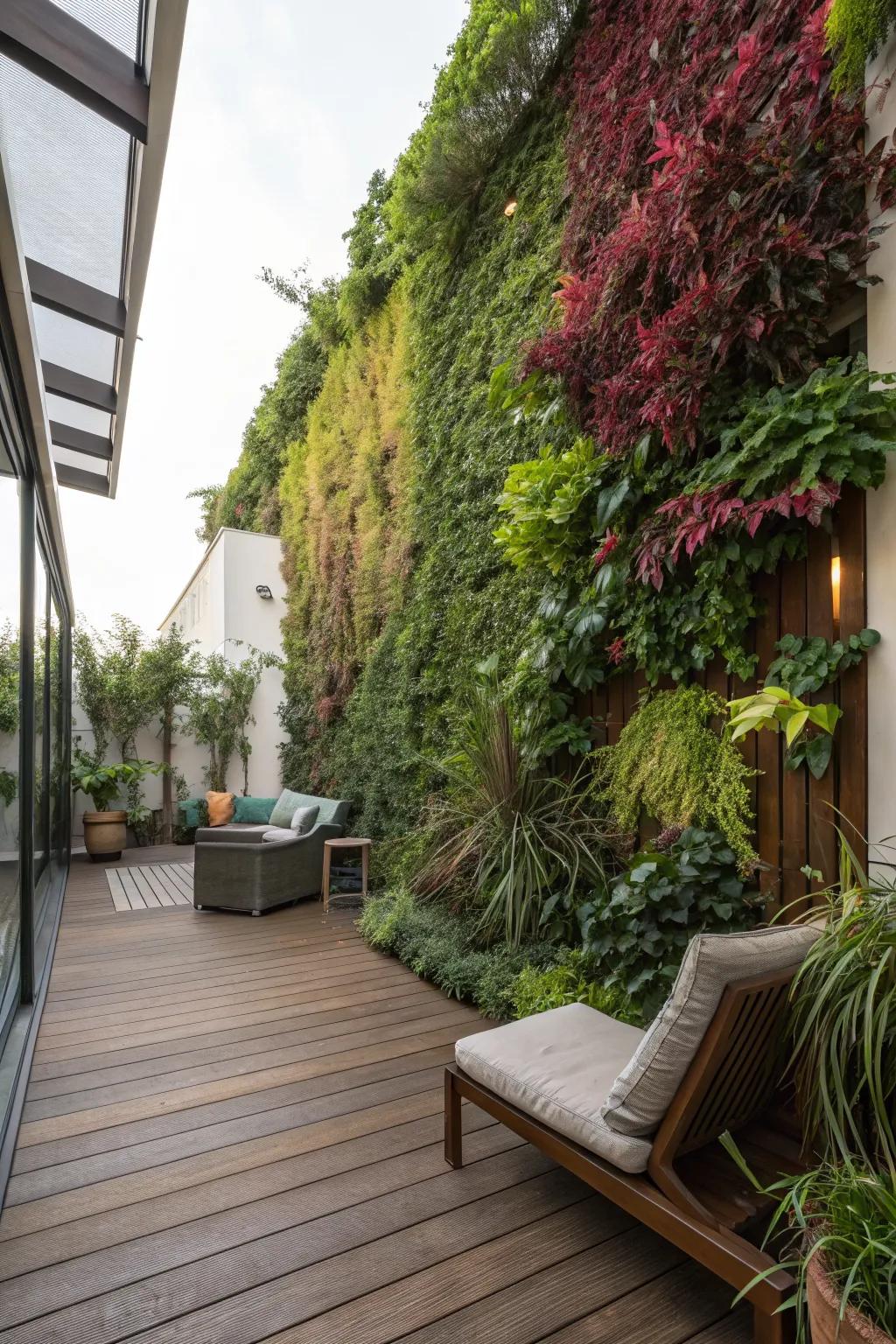 A vertical garden brings lush greenery to this patio.